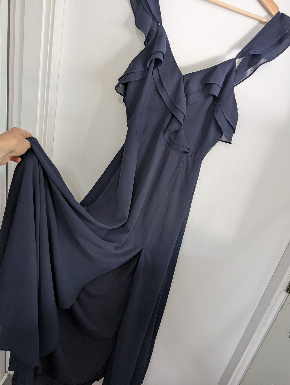 Lulus Large Adoring Glaces Maxi Dress A-line Formal Gown Navy Blue Ruffle V-neck